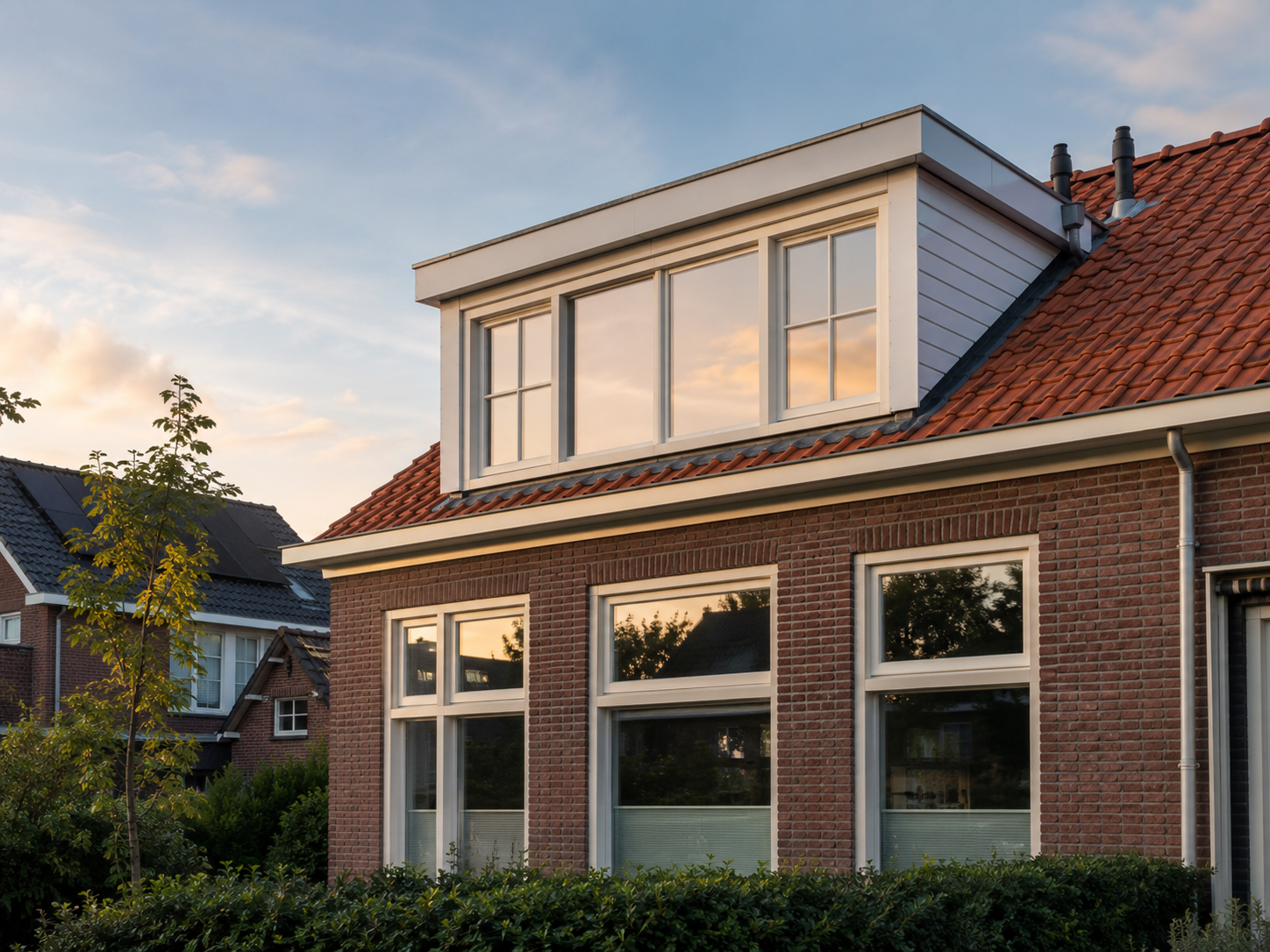 Woning met houten dakkapel in avondlicht
